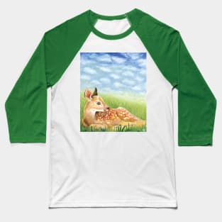 Baby Deer Fawn in Green Grass Illustration Baseball T-Shirt